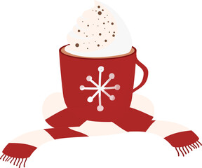 Sticker - Whipped Cream Coca Cup And Scarf Flat Element In Red And Cosmic Latte Color.