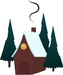 Canvas Print - Smoke Out Of Snowing Home With Christmas Tree Element In Flat Style.