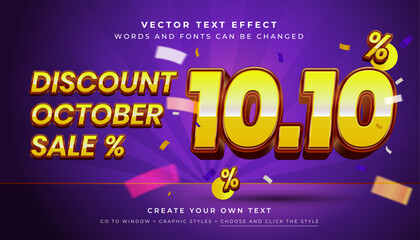 Wall Mural - Vector Editable 3D red yellow discount sale text effect. October 10.10 promotion graphic style on purple abstract background