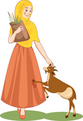 Sticker - Beautiful Islamic Young Woman Holding Paper Bag Of Grass And Goat Animal Illustration.