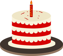 Sticker - Delicious Cake With Lit Candle Icon In Red And White Color.