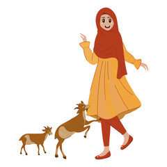 Sticker - Illustration Of Beautiful Muslim Young Lady With Mother Goat And Baby Goat.