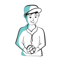 Sticker - Hand Drawn Young Man Player Holding Football On White Background.