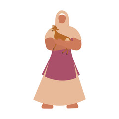 Sticker - Illustration Of Muslim Young Girl Holding Baby Goat.