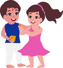 Sticker - Cute Sister And Brother Celebrating Festival Of Raksha Bandhan On White Background.