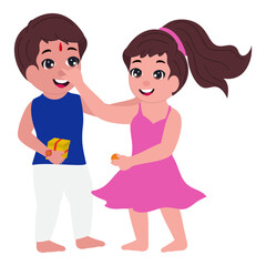 Sticker - Cute Sister And Brother Celebrating Festival Of Raksha Bandhan On White Background.