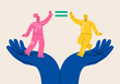 © Stranger Man - Happy man and woman female  standing doing high five. Gender equality concept. Colorful vector illustration