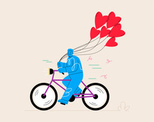Man Riding Bicycle And Holding Red Heart Balloons. Happy Valentine's Day. Colorful Vector Illustration