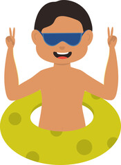 Poster - Cheerful Swimmer Boy With Lifebuoy On White Background.