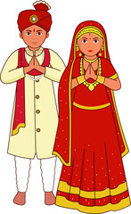 Sticker - Kashmiri Wedding Couple Greeting Namaste In Traditional Dress.