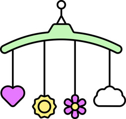 Canvas Print - Flat Sun, Flower With And Heart Hanging Mobile Crib Icon In Black Line Art.