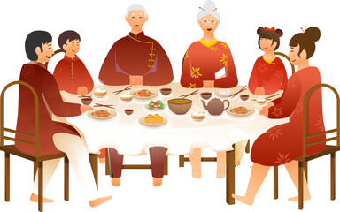 Poster - Portrait Of Multi Generation Chinese Family Eating Meal Together At Dining Table.