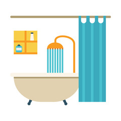 Poster - Bathroom interior with shower tub flat vector icon. Cartoon drawing or illustration of furniture or element for apartment or house on white background. Interior design, furniture concept