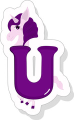 Wall Mural - Purple U Alphabet Animal Cartoon Unicorn Icon In Sticker Style.