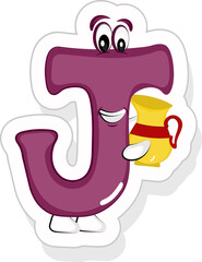 Poster - Pink J Alphabet Cartoon Character Holding Jug Icon In Sticker Style.