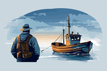 Old Fishing Boat Mist Blue Background Stormy Old Fisherman Illustration