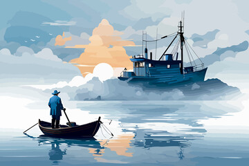 old fishing boat mist blue background stormy old fisherman illustration