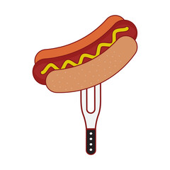 Wall Mural - Isolated Hotdog On Fork Over White Background.