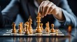 Creative business strategy ideas materialize as hands engage on the chessboard