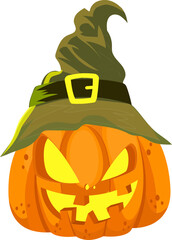 Poster - Creepy Cartoon Pumpkin Wearing Witch Hat Flat Element.