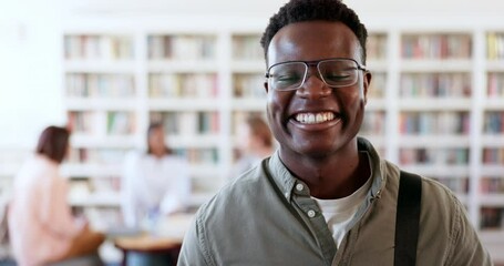 Aufkleber - Happy, college and library with face of black man on campus for research, studying or learning. Smile, future and scholarship with portrait of student at school for knowledge, books or university