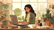 © Nataliia - Mexican student sitting at table with an open laptop displaying app. Stylish and modern interior with soft tones and plenty of plants.Hybrid and distance learning. Banner