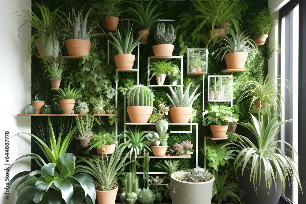 Stylish composition of home garden interior filled a lot of beautiful ...