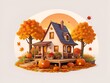 Art work of Home decorated with halloween pumpkins, orange trees and autumn fall maple leaves in sunset, vibrant flat illustration. Concept of Thanksgiving day ,Halloween. Arts work of T- shirt design