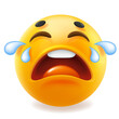 3d vector style design of funny sad cry with tear emoji for social media. Vector illustration of yellow color fun unhappy emoticon with tear