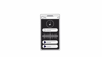 Poster - Music player app on smartphone bw outline 2D object animation. Playing song on mobile phone screen monochrome linear cartoon 4K video. Playlist application animated item isolated on white background