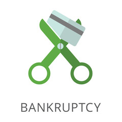 Poster - Scissors cutting expired bank card isolated on white. Colored flat vector icon of bankruptcy symbol. Finance and banking concept