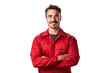 skillful worker man labor technician with crossed arms in red work clothes, png isolated on white transparent background