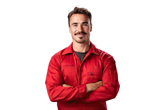 skillful worker man labor technician with crossed arms in red work clothes, png isolated on white transparent background