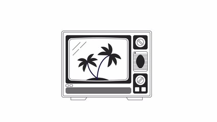 Poster - Old tv with palm trees bw outline 2D object animation. Watching movie. Old fashioned equipment monochrome linear cartoon 4K video. Glowing 1990s electronic device animated item isolated on white