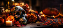 Decoration For Day Of The Dead Celebration With Pan De Muerto, Skull, Flowers And Candles,Halloween, Copy Space