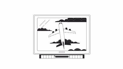 Poster - Vintage tv with flying plane bw outline 2D object animation. Watching show. Old fashioned equipment monochrome linear cartoon 4K video. 1990s electronic device animated item isolated on white