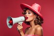 © tiena - Beautiful woman with a megaphone on a simple studio background. AI generative