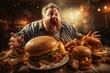 An overweight man indulging in a massive burger, highlighting the issue of obesity and unhealthy eating habits. 'generative AI'	