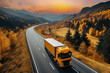 semi truck driving on a highway autumn season,