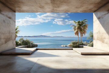 Wall Mural - Abstract empty minimal open space concrete interior with beach with palm trees and sea,