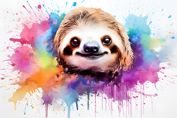 Modern colorful watercolor painting of a sloth, textured white paper background, vibrant paint splashes. Created with generative AI