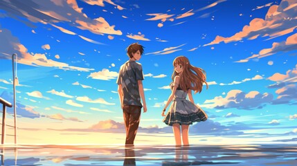 Wall Mural - Beach Romance Anime Couple in Swimwear, Love and Affection, Boyfriend and Girlfriend, Asia.