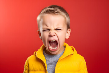 Wall Mural - Studio portrait of a little boy being yelling in anger, isolated on colorful background. Kids emotions or moods concept. Generative AI