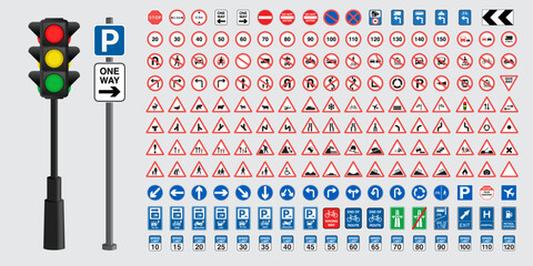 Set of road signs and traffic light vectors. Traffic signs collection. Signs of danger, mandatory, obligations, animal crossing and alerts. Supplementary and routing table. Vector.