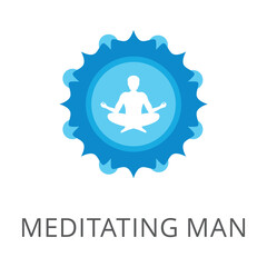 Poster - Man meditating in lotus pose in circle sign flat vector icon. Cartoon drawing or illustration of balance, mindfulness or wellness symbol on white background. Wellness, spirituality, meditation concept