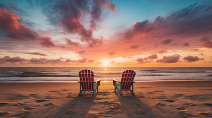 Wall Mural - Two empty beach chairs on beach at sunset.