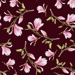 Wall Mural - Magnolia pink flower bough seamless pattern. Watercolor hand drawn Illustration isolated on dark background. Floral repeating design for your print, textile, wrapping wallpaper cover, carpets, fabrics