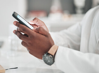 Poster - doctor, healthcare person and hands with a phone for online communication, email or website. closeup