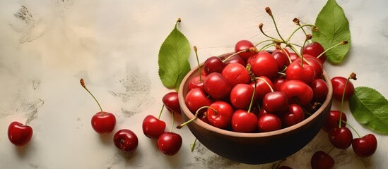 Poster - Close up of water droplets on Japanese cherry berries in an earthenware still life photograph in the garden isolated pastel background Copy space