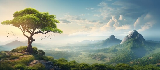 Poster - Mountain landscape with solitary tree in the distance isolated pastel background Copy space